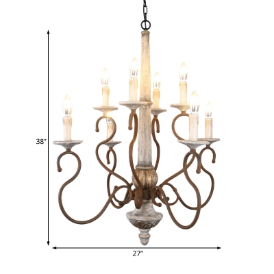 French Rustic Candle Hanging Chandelier Wood and Metal 8 Lights Dining Room Pendant Light