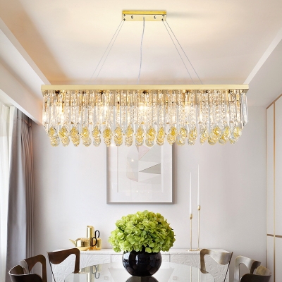 Gold Rectangular Island Light Modern Crystal Fringe Hanging Pendant Lights for Dining Room, Stainless Steel