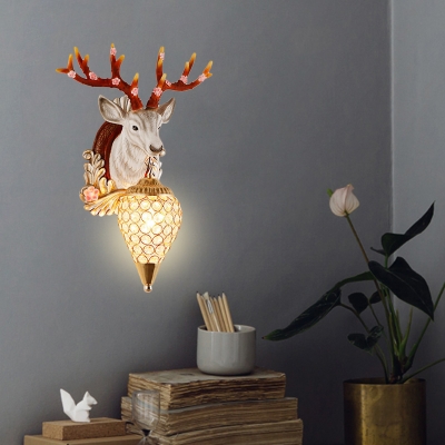 Gold Teardrop Wall Mount Light Rustic Style Resin Deer Single Sconce Light with Crystal Shade