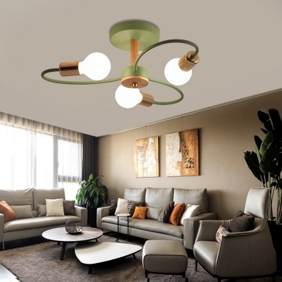 Gray and Green Curve Semi Flush Light 3/6/8 Light Modern Wood Ceiling Light for Bedroom