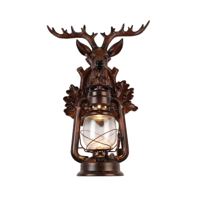 Industrial Lantern Wall Light 1 Light Outdoor Sconce Light with Resin Deer Decoration