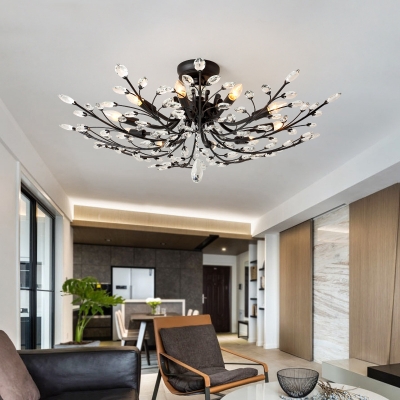 Matte Black Branch Semi Flush Chandelier Modern Crystal Metal Ceiling Lights for Living Room