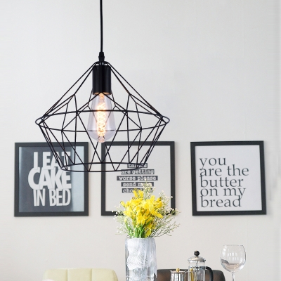 Modern Diamond Pendant Light Fixture Iron Single-Bulb Hanging Lamps with Wire Cage