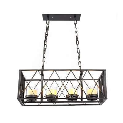 Rectangular Island Lighting Traditional Iron Candle Island Pendant with Clear Glass Shade in Matte Black for Indoor