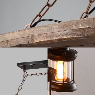 Rustic Island Chandelier Iron and Wood 6 Heads Hanging Light Fixtures in Black for Living Room
