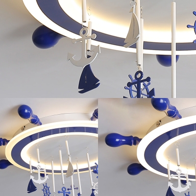 Ship Steering Wheel Flush Ceiling Lights Blue and White Acrylic 1 Light Flush Mount Light with Cute Pendants