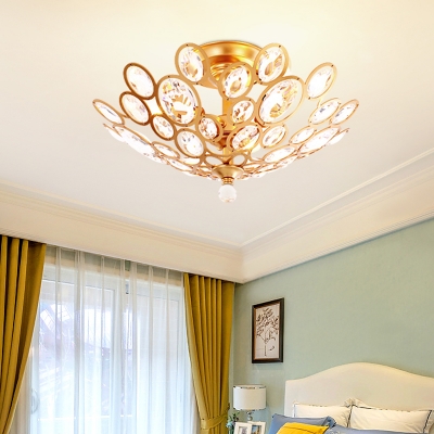 Unique Circle Ceiling Light Fixture Contemporary Crystal 3 Heads Semi Flush Light in Gold for Living Room