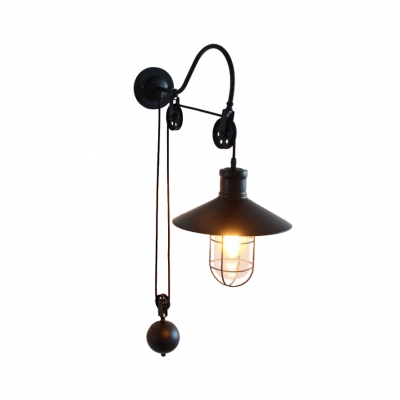 Arched Wall Mounted Light Retro Style Metal 1 Light Pulley Wall Sconce Lighting in Black for Restaurant