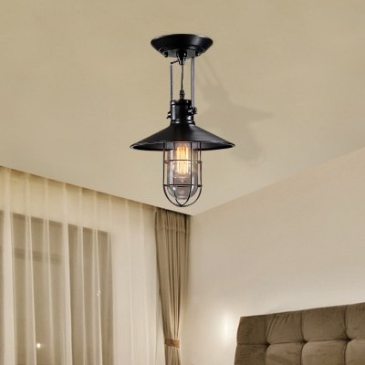 Black Cage Ceiling Light Coastal Iron and Glass 1 Light Ceiling Light Fixture for Coffee Shop