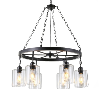 Black Cylindrical Hanging Chandelier Modern Metal Hanging Pendant with Clear Glass Shade for Restaurant