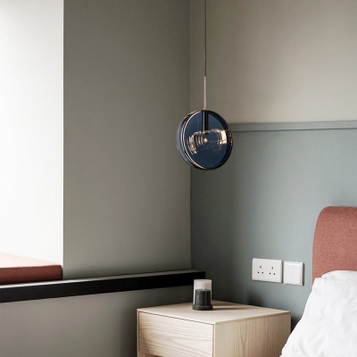 Blue Glass Drum Hanging Lamp Minimalist 1 Light Ceiling Pendant Light for Bedroom