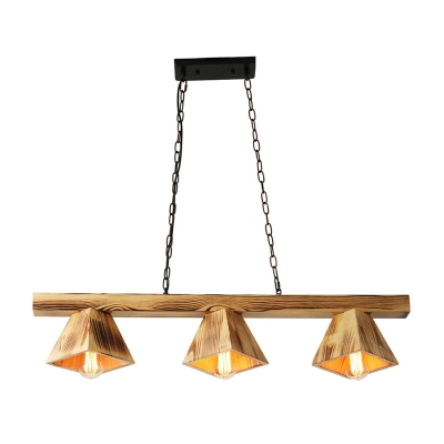 Country Linear Pendant Textured Wood 3 Lights Island Lighting with Chain for Kitchen Island