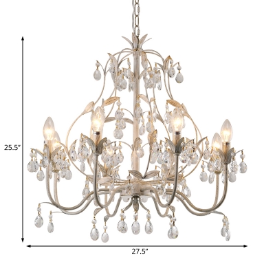 Distressed White Chandelier Light French Country Metal Ceiling Pendant Light with Clear Crystal