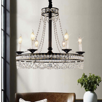 French Country Candle Pendant Chandelier Crystal Beaded Ceiling Pendant in Black for Kitchen Dining