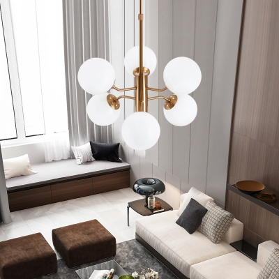 Mid Century Spherical Pendant Light 6 Lights White Glass Chandelier Light for Living Room
