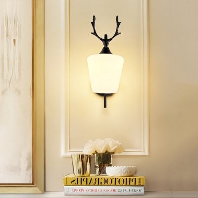 Modern Tapered Wall Lighting with Deer Decoration 1 Light Frosted Glass Sconce Light