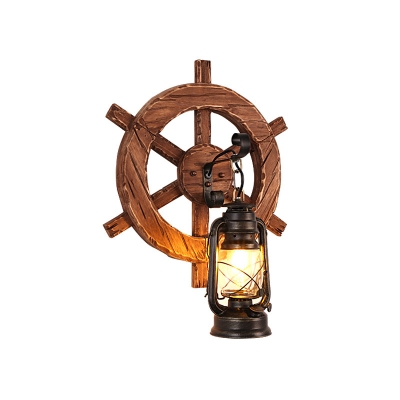 Nautical Lantern Wall Mounted Light Iron 1 Head Wall Sconce Light with Wooden Base for Foyer