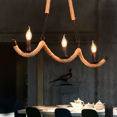 Open Bulb Pendant Lights Village Rope and Iron 3 Light Candle Hanging Lamps for Kitchen Dining