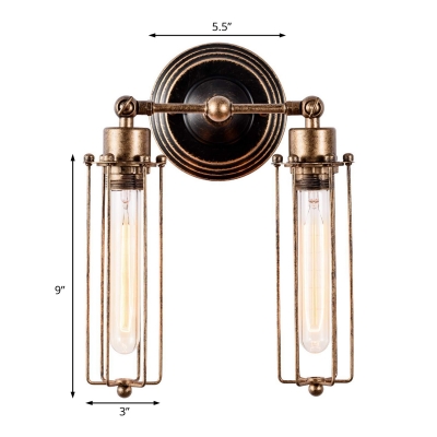 Rust Caged Wall Sconce Lighting Antiqued Iron 2-Light Wall Sconce Light Fixture for Bathroom