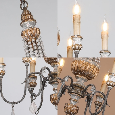 Rustic Candle Chandelier Lighting Wood and Metal 6 Lights Indoor Pendant Light for Foyer