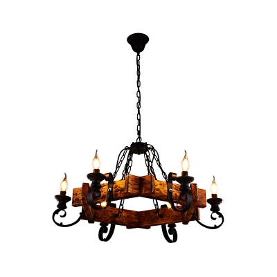 6-Light Candle Hanging Chandelier Rustic Wood and Iron Chandelier Light in Black for Restaurant