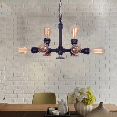 8-Light Open Bulb Hanging Chandelier Loft Industrial Steel Red Valve Hanging Ceiling Lights for Restaurant