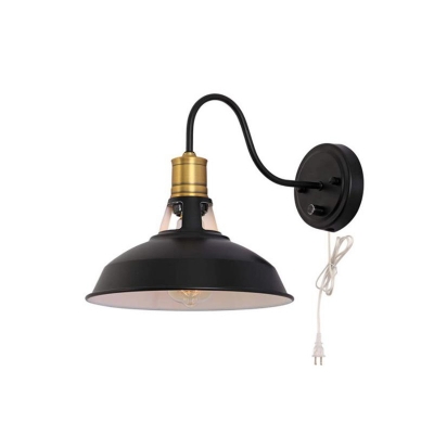 Antique Cone/Barn Wall Mounted Light Metal 1 Bulb Down Lighting Sconce Lamp in Black with Brass for Indoor