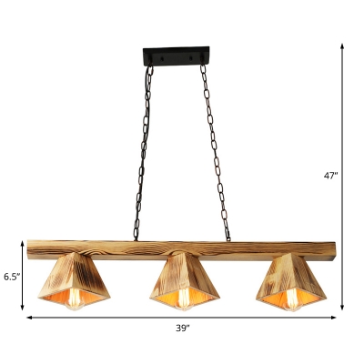 Country Linear Pendant Textured Wood 3 Lights Island Lighting with Chain for Kitchen Island