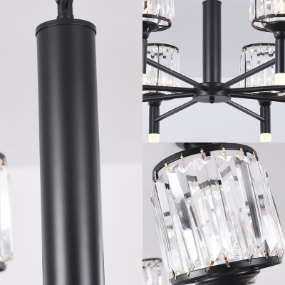 Cylinder Chandelier Light Modern Iron Crystal Fringe Ceiling Chandelier in Black for Living Room