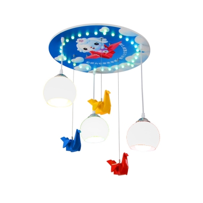 Glass Shade Globe Pendant Light with Wood Canopy Kids 3 Lights Hanging Lamp for Kindergarten