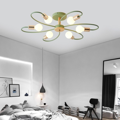 Gray and Green Curve Semi Flush Light 3/6/8 Light Modern Wood Ceiling Light for Bedroom