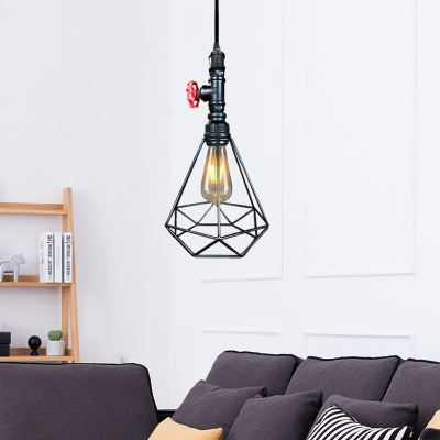 Industrial Valve Pendants Lighting Steel 1-Light Hanging Pipe Lights with Diamond Cage Shade