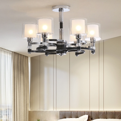 Modernism Drum Hanging Pendant Light Clear Glass Chandelier with Inner Frosted Glass Shade