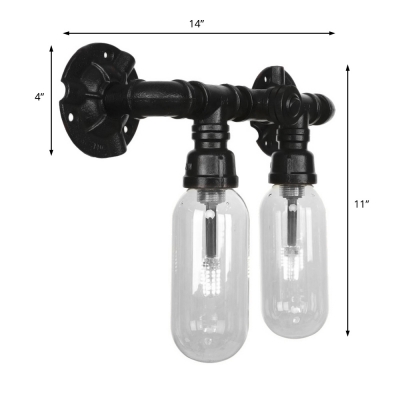 Pipe Sconce Lighting Fixtures Antique Iron and Glass 2 Lights Sconce Lamp in Black for Corridor
