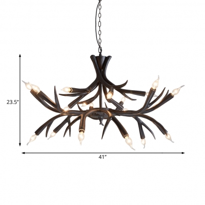 Rustic Exposed Bulb Pendant Light with Antler Design Resin 18 Lights Black Chandelier