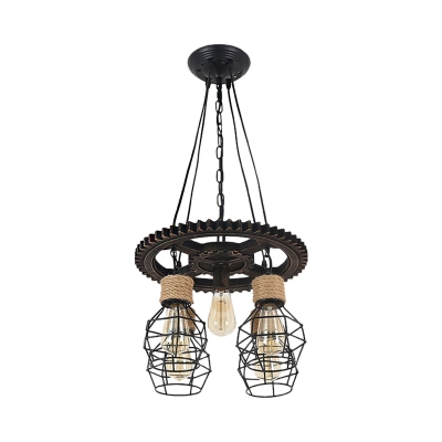 Woven Rope Caged Hanging Chandelier Rustic Iron 5 Lights Gear Ceiling Light Fixture for Dining Room