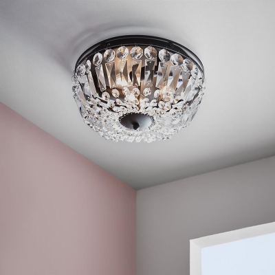 2 Bulbs Bowl Flush Light Fixture Industrial Clear Crystal Ceiling Flush Mount in Black/Gold for Foyer