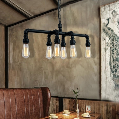 6-Light Bare Bulb Chandelier Light Fixture Industrial Metal Pipe Chandelier Light in Black/Aged Bronze for Living Room