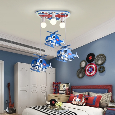 6 Lights Helicopter Flush Lighting Cartoon Wood Led Flush Mount Ceiling Light for Boys
