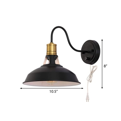 Antique Cone/Barn Wall Mounted Light Metal 1 Bulb Down Lighting Sconce Lamp in Black with Brass for Indoor