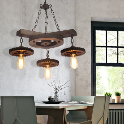 Bare Bulb Hanging Chandelier Rustic Iron and Wood Gear Ceiling Light Fixture for Dining Room