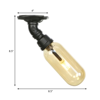 Black Semi Flush Mount Lighting Retro Style Iron 1 Light Semi Flush Light Fixtures with Amber Glass Shade