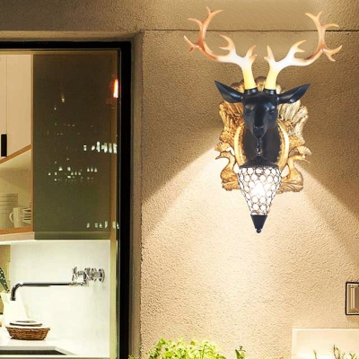 Black/White Deer Wall Mounted Light Village Style 1 Light Wall Light Fixture with Crystal Lampshade