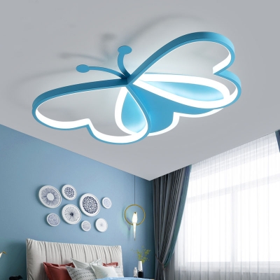 Blue/Pink Butterfly Flush Mount Light for Kids Room, Contemporary Iron and Acrylic Ceiling Light Fixture
