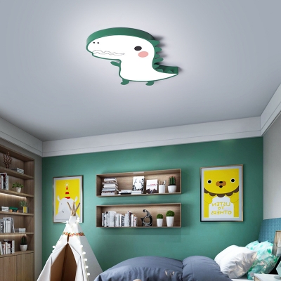 Cartoon Dinosaur Ceiling Flush Light with Frosted Diffuser Green/Pink Led Flush Mount Light