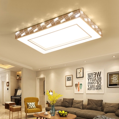 Contemporary Rectangle/Square Ceiling Lamp with Diffuser and Crystal Prism Metallic White 1 Light Flush Mount