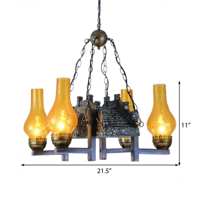 Country Bridge Ceiling Pendant Metal Resin 4 Light Ceiling Fixture with Crackle Glass Shade for Kitchen Dining