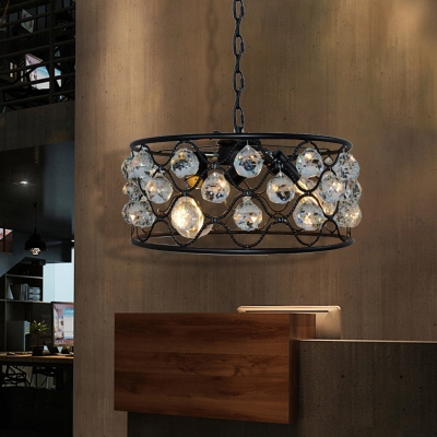 Crystal Drum Pendant Light Fixture Contemporary Metal 3 Heads Hanging Chandelier for Indoor