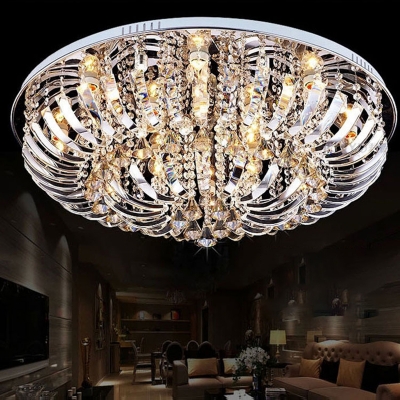 Curved Crystal Fringe Ceiling Light for Living Room, Contemporary Creative Round Ceiling Lights in Chrome for Living Room