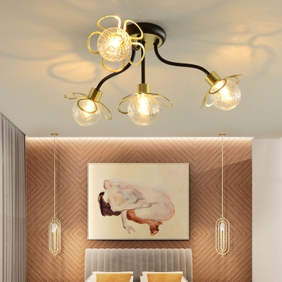 Flower Bedroom Semi Flush Mount Ceiling Fixture Glass 4/6 Light Modern Ceiling Light in Black/Gold
